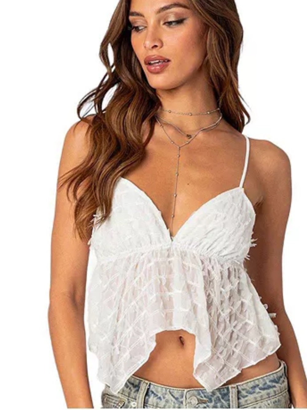 Edikted White Sheer Ruffle top